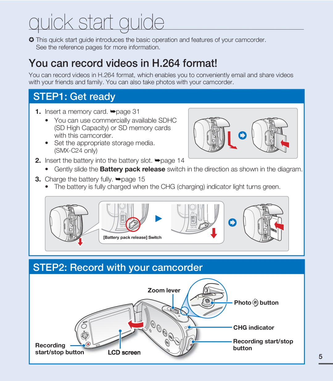 Samsung SMX-C20LP/MEA quick start guide, You can record videos in H.264 format, Get ready, Insert a memory card. ²page 