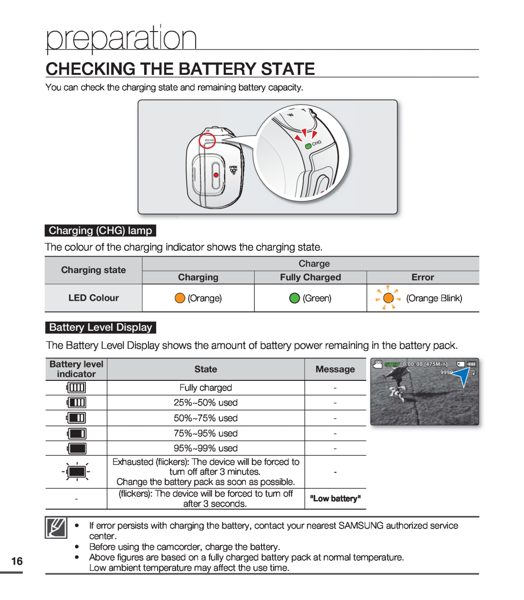 Samsung SMX-C20RP/XSV Checking The Battery State, Charging CHG lamp, Battery Level Display, preparation, Charge, Error 