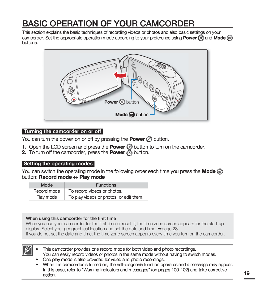 Samsung SMX-C20BP/XEK Basic Operation Of Your Camcorder, Turning the camcorder on or off, Setting the operating modes 