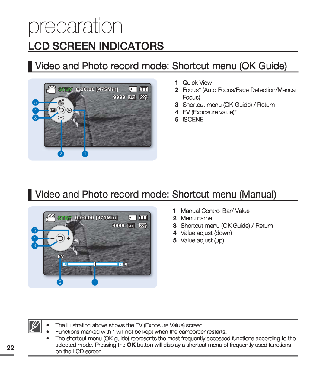 Samsung SMX-C24BP/XEK Video and Photo record mode Shortcut menu OK Guide, Video and Photo record mode Shortcut menu Manual 