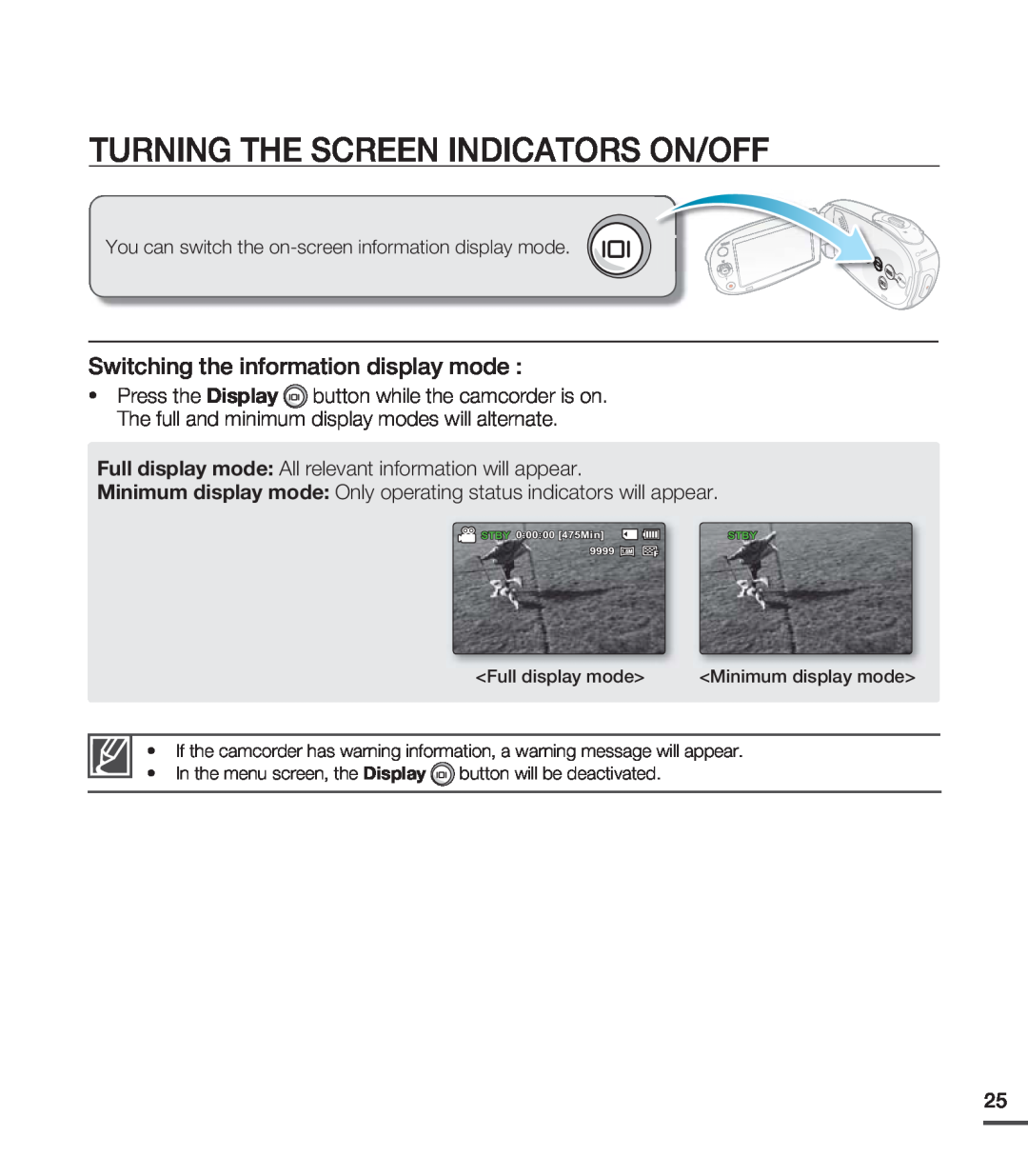 Samsung SMX-C20BP/XIL, SMX-C24BP/EDC manual Turning The Screen Indicators On/Off, Switching the information display mode 