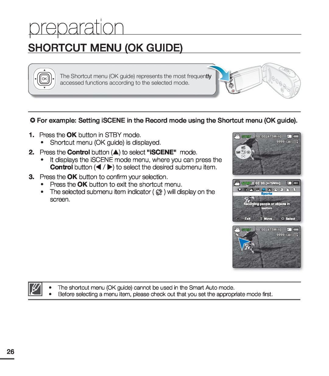 Samsung SMX-C24RP/XIL manual Shortcut Menu Ok Guide, Press the OK button in STBY mode, Shortcut menu OK guide is displayed 