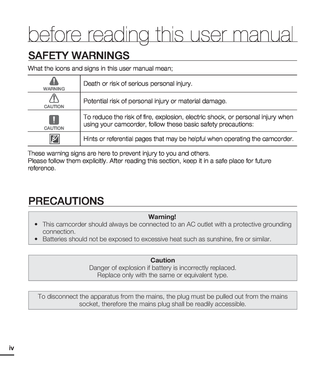 Samsung SMX-C20LN/XAA, SMX-C24BP/EDC, SMX-C200LP/EDC before reading this user manual, Safety Warnings, Precautions 