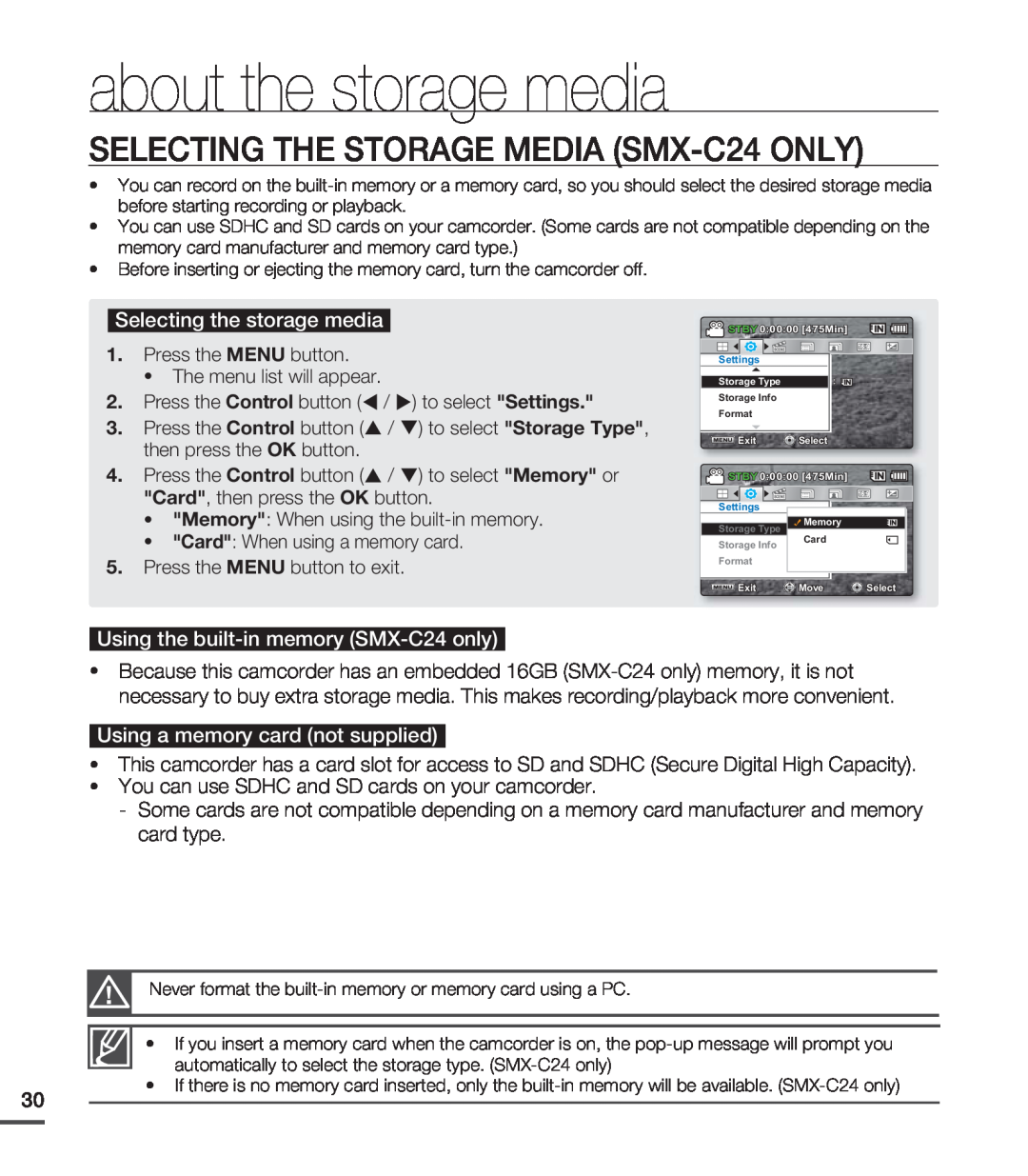 Samsung SMX-C200LP/EDC about the storage media, SELECTING THE STORAGE MEDIA SMX-C24 ONLY, Selecting the storage media 