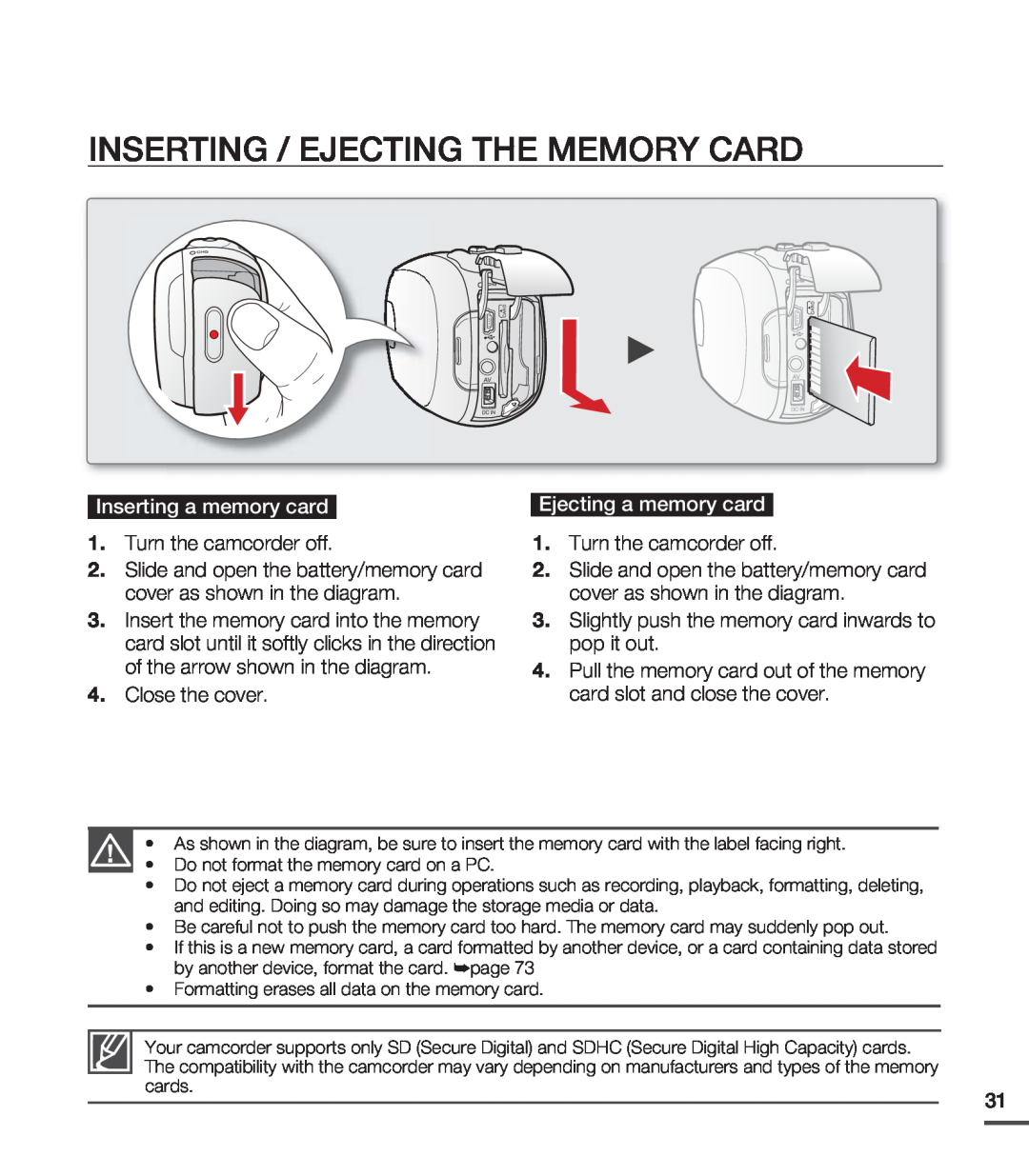 Samsung SMX-C20RP/EDC, SMX-C24BP/EDC Inserting / Ejecting The Memory Card, Inserting a memory card, Ejecting a memory card 