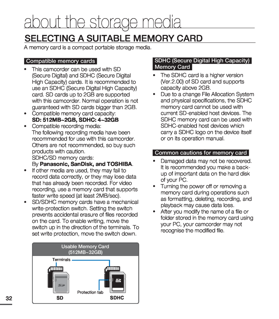 Samsung SMX-C20LP/XEU, SMX-C24BP/EDC Selecting A Suitable Memory Card, A memory card is a compact portable storage media 