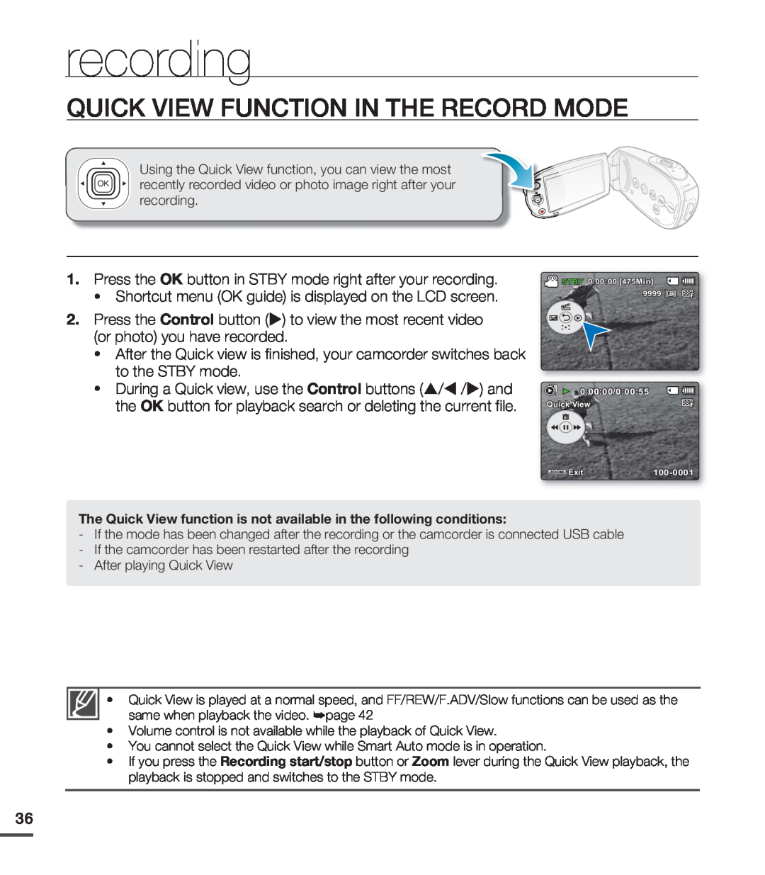 Samsung SMX-C20RP/MEA Quick View Function In The Record Mode, Press the OK button in STBY mode right after your recording 