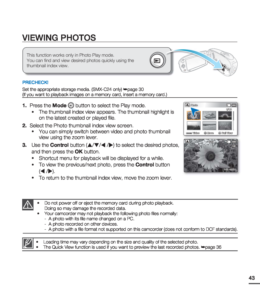 Samsung SMX-C24RP/MEA, SMX-C24BP/EDC, SMX-C200LP/EDC manual Viewing Photos, Select the Photo thumbnail index view screen 