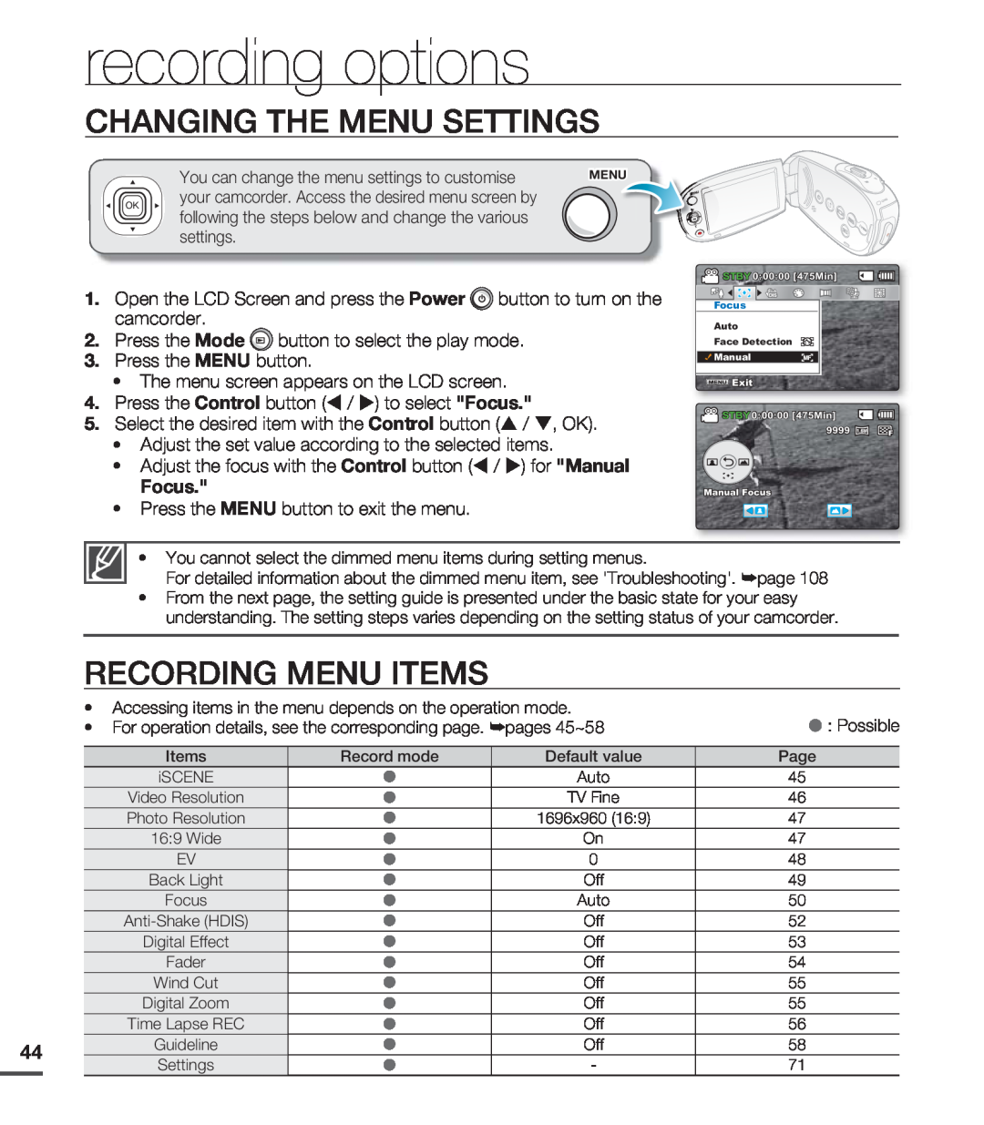 Samsung SMX-C20LP/MEA, SMX-C24BP/EDC manual recording options, Changing The Menu Settings, Recording Menu Items, Focus 