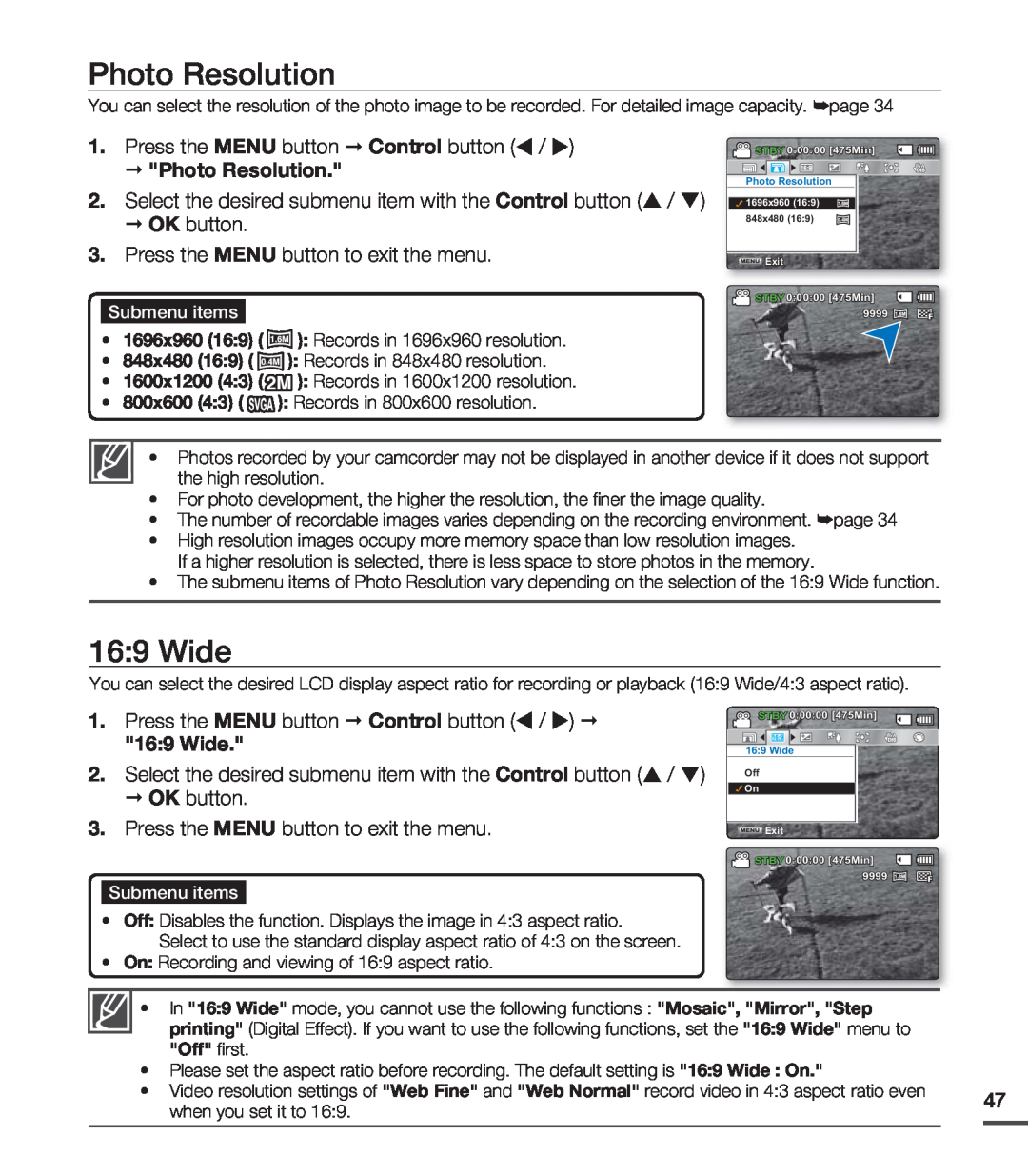 Samsung SMX-C20RP/AAW manual Photo Resolution, Wide, OK button 3. Press the MENU button to exit the menu, Submenu items 