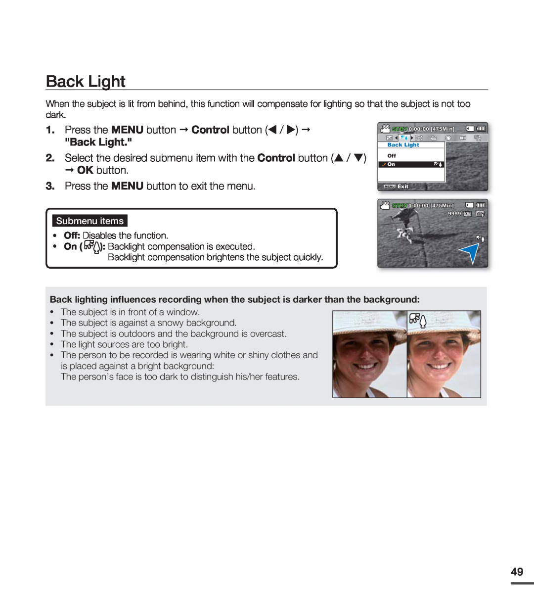 Samsung SMX-C20UP/AAW manual Back Light, Press the MENU button Control button, Press the MENU button to exit the menu 