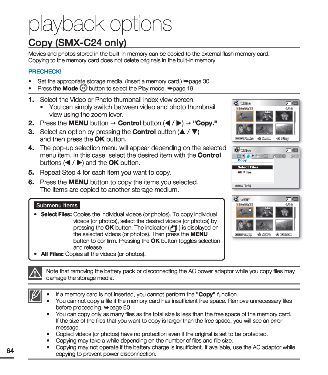 Samsung SMX-C20BP/XIL manual Copy SMX-C24 only, Press the MENU button Control button / Copy, playback options, Precheck 