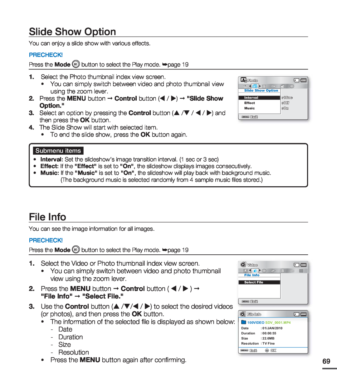 Samsung SMX-C200LP/EDC Slide Show Option, File Info, Date Duration Size Resolution, Submenu items, Precheck, Effect, Music 