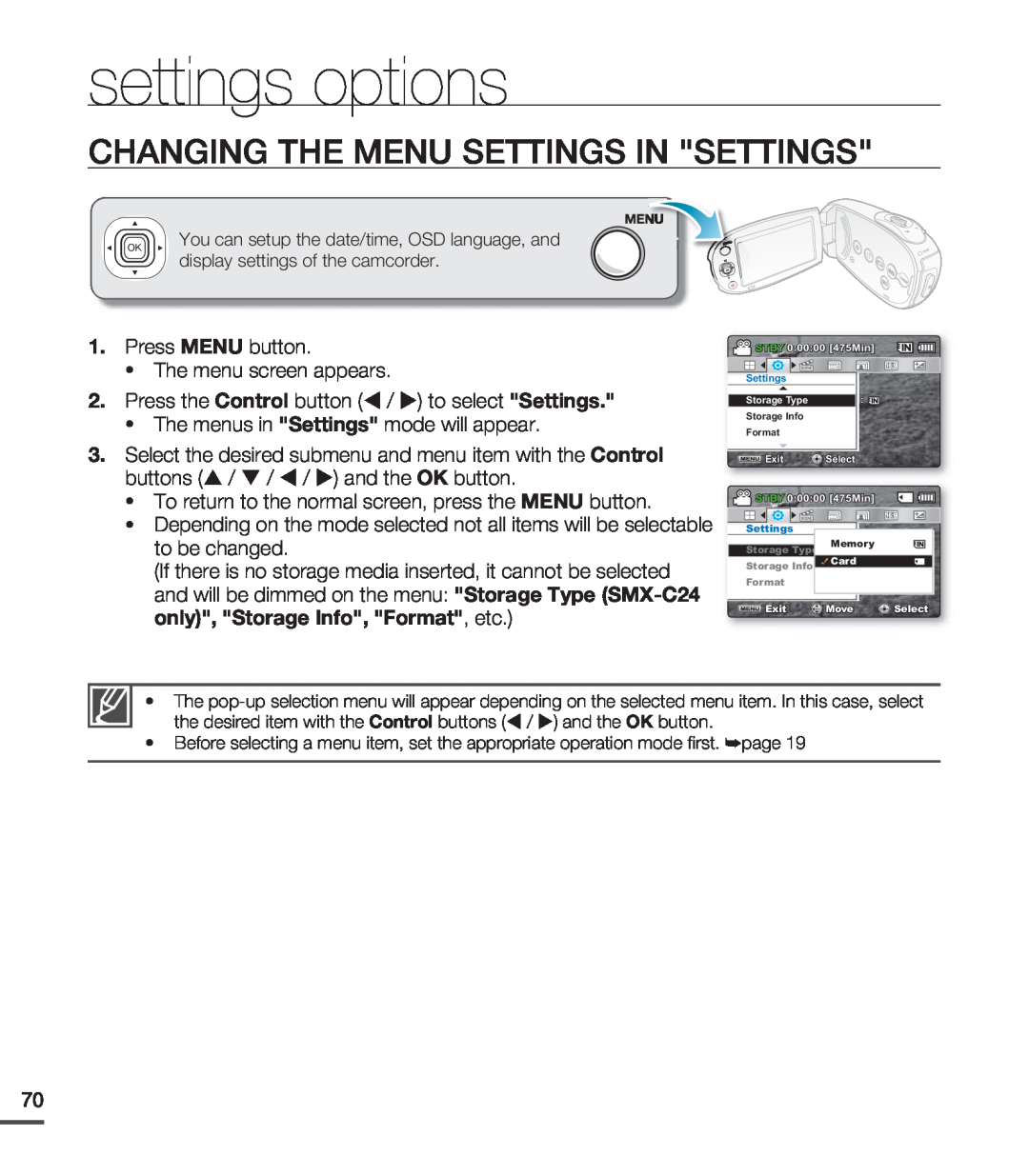 Samsung SMX-C20RP/EDC settings options, Changing The Menu Settings In Settings, Press MENU button The menu screen appears 