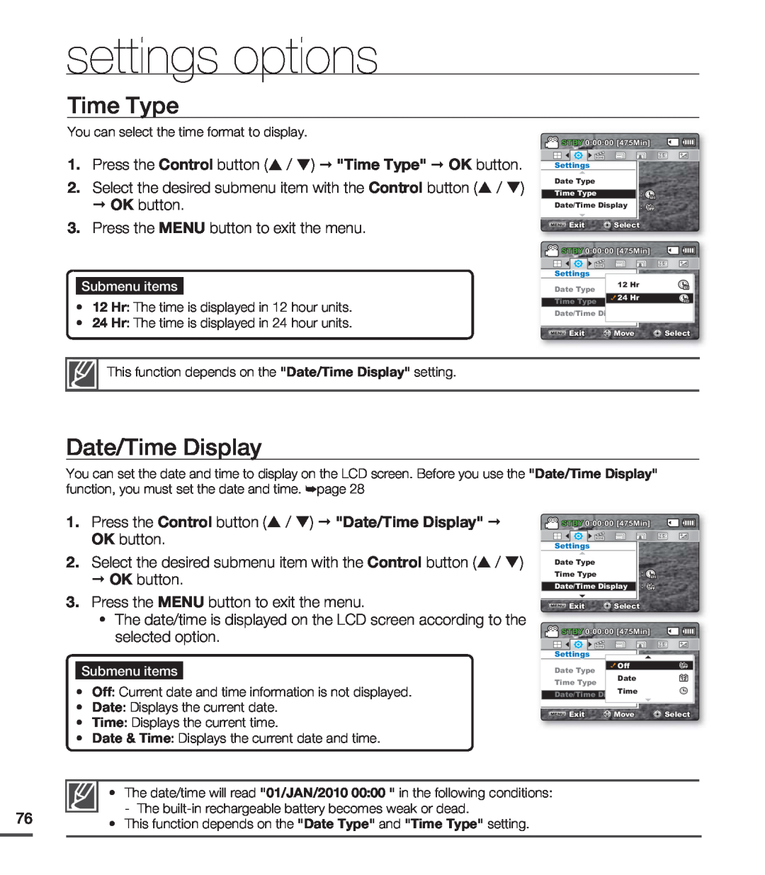Samsung SMX-C24RP/EDC manual Time Type, Press the Control button / Date/Time Display OK button, settings options 