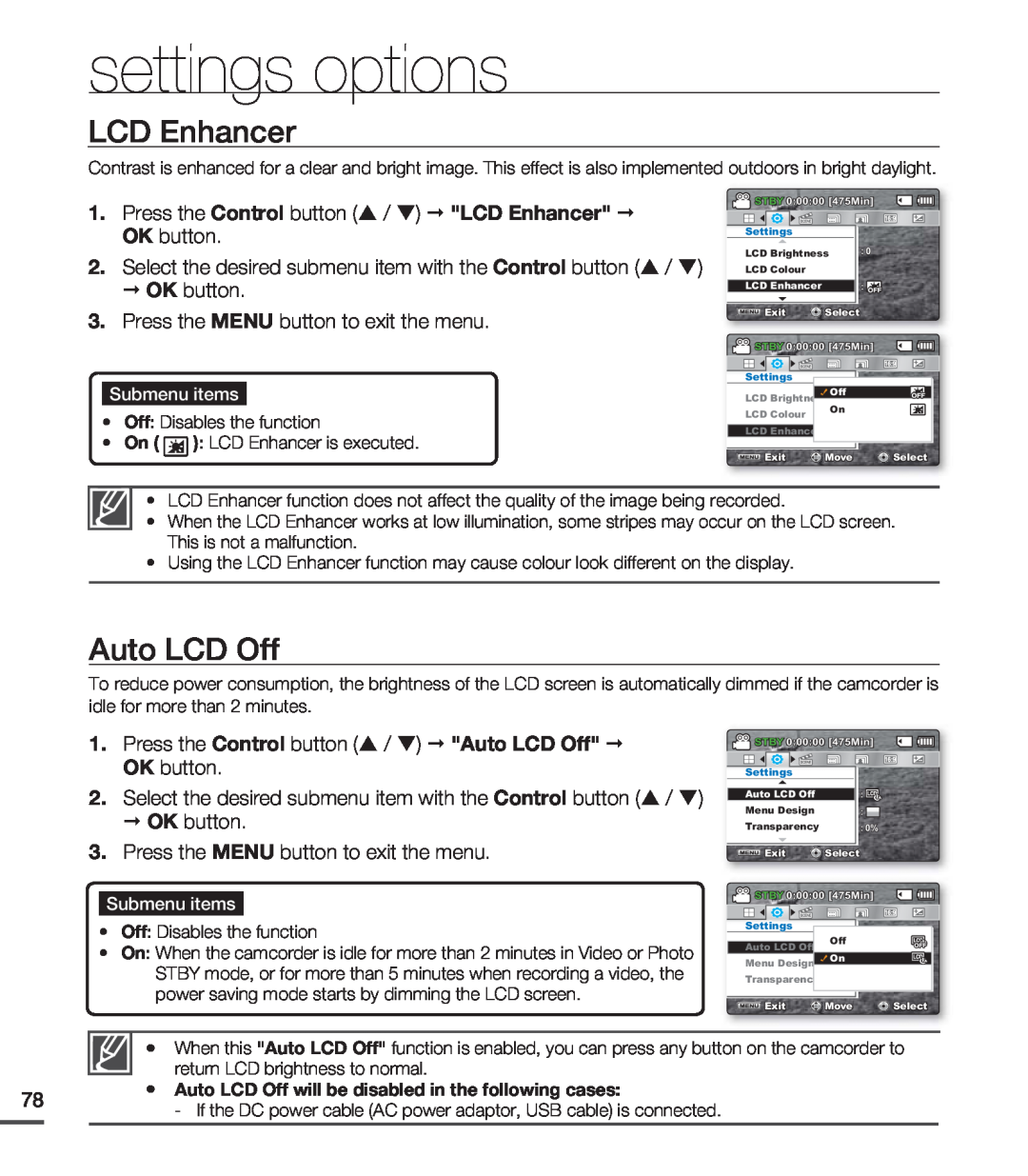 Samsung SMX-C20BP/EDC Auto LCD Off, Press the Control button / LCD Enhancer OK button, settings options, Submenu items 