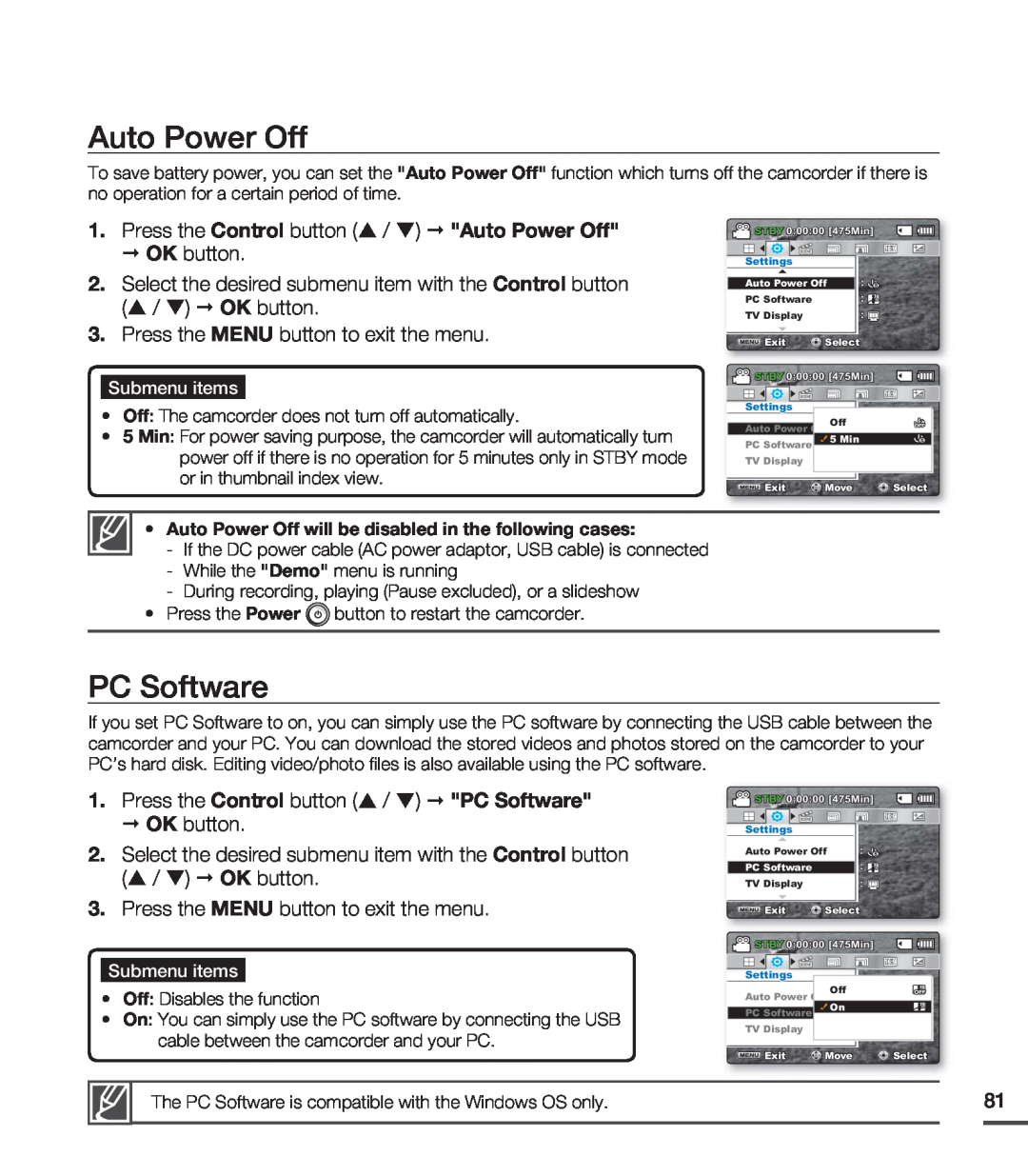 Samsung SMX-C20BP/MEA, SMX-C24BP/EDC PC Software, Press the Control button / Auto Power Off, OK button, Submenu items 