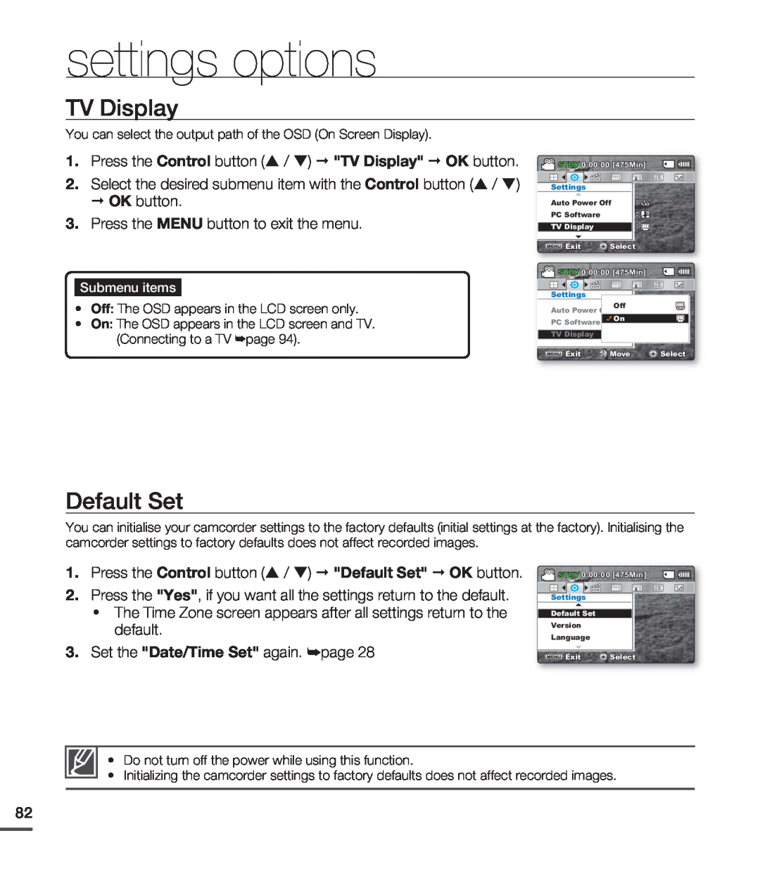Samsung SMX-C24RP/MEA manual TV Display, Default Set, Press the Yes, if you want all the settings return to the default 