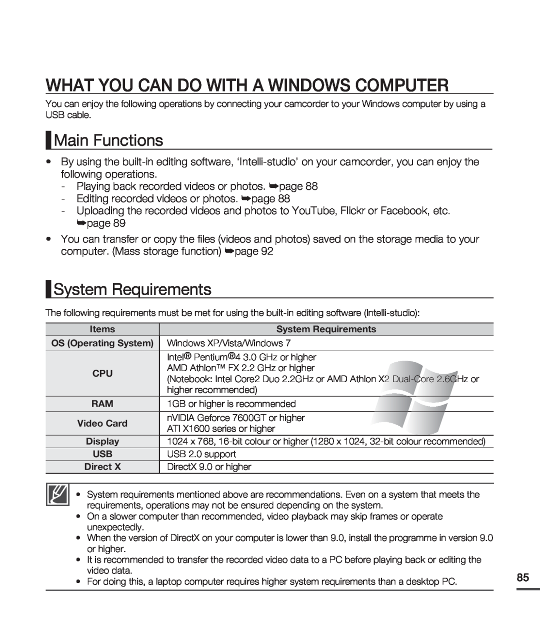 Samsung SMX-C24RP/SAH, SMX-C24BP/EDC manual What You Can Do With A Windows Computer, Main Functions, System Requirements 