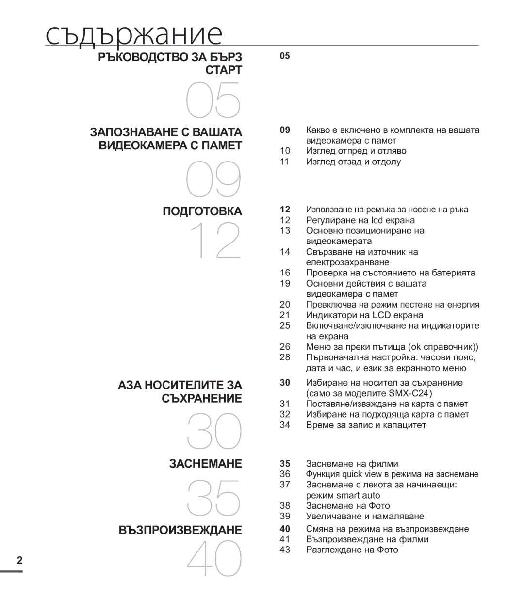 Samsung SMX-C24BP/EDC, SMX-C20RP/EDC, SMX-C20BP/EDC manual Съдържание, Старт Запознаване С Вашата Видеокамера С Памет 