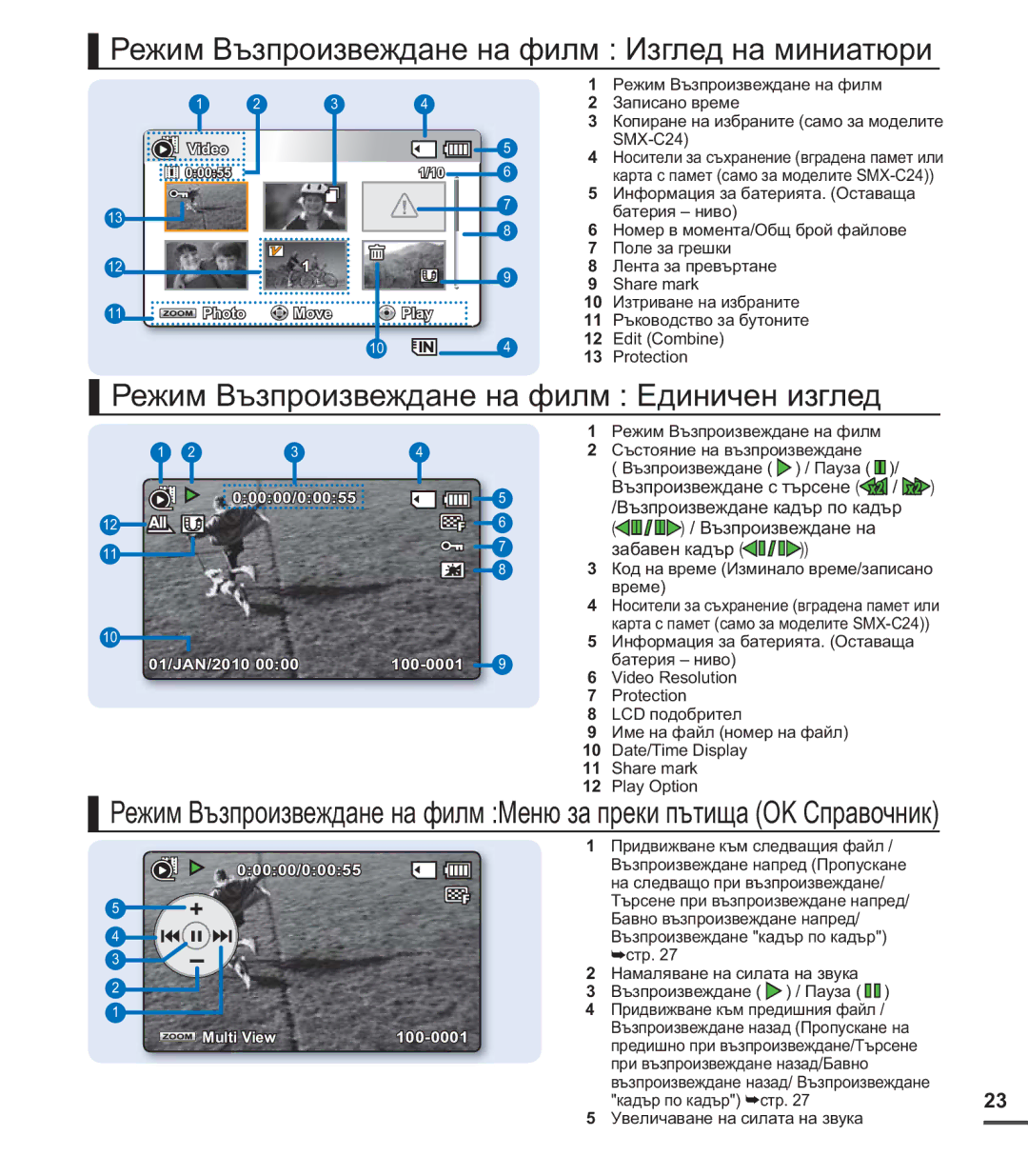 Samsung SMX-C24BP/EDC Режим Възпроизвеждане на филм Изглед на миниатюри, Режим Възпроизвеждане на филм Единичен изглед 