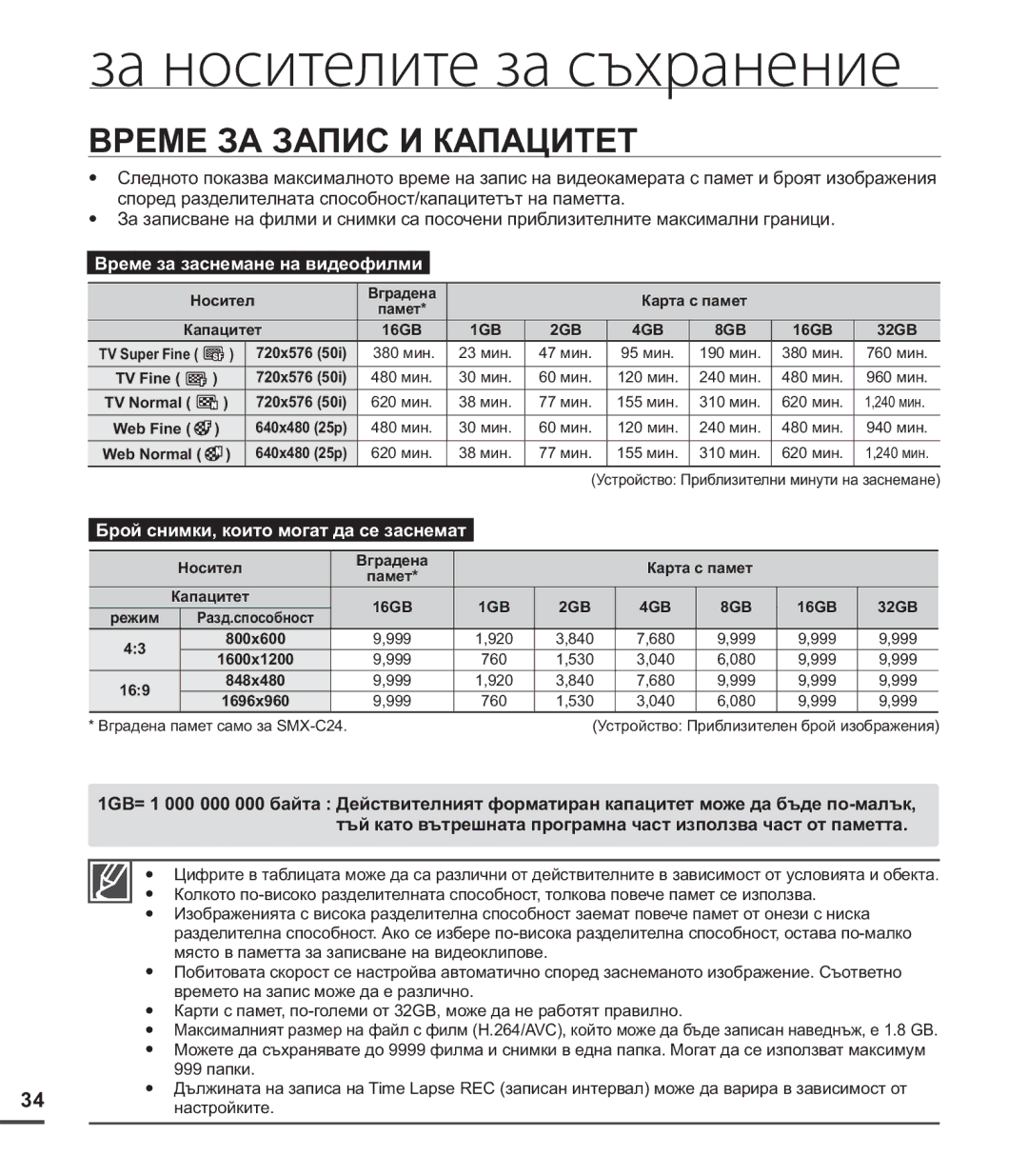 Samsung SMX-C20BP/EDC, SMX-C24BP/EDC, SMX-C20RP/EDC manual Време ЗА Запис И Капацитет, Време за заснемане на видеофилми 