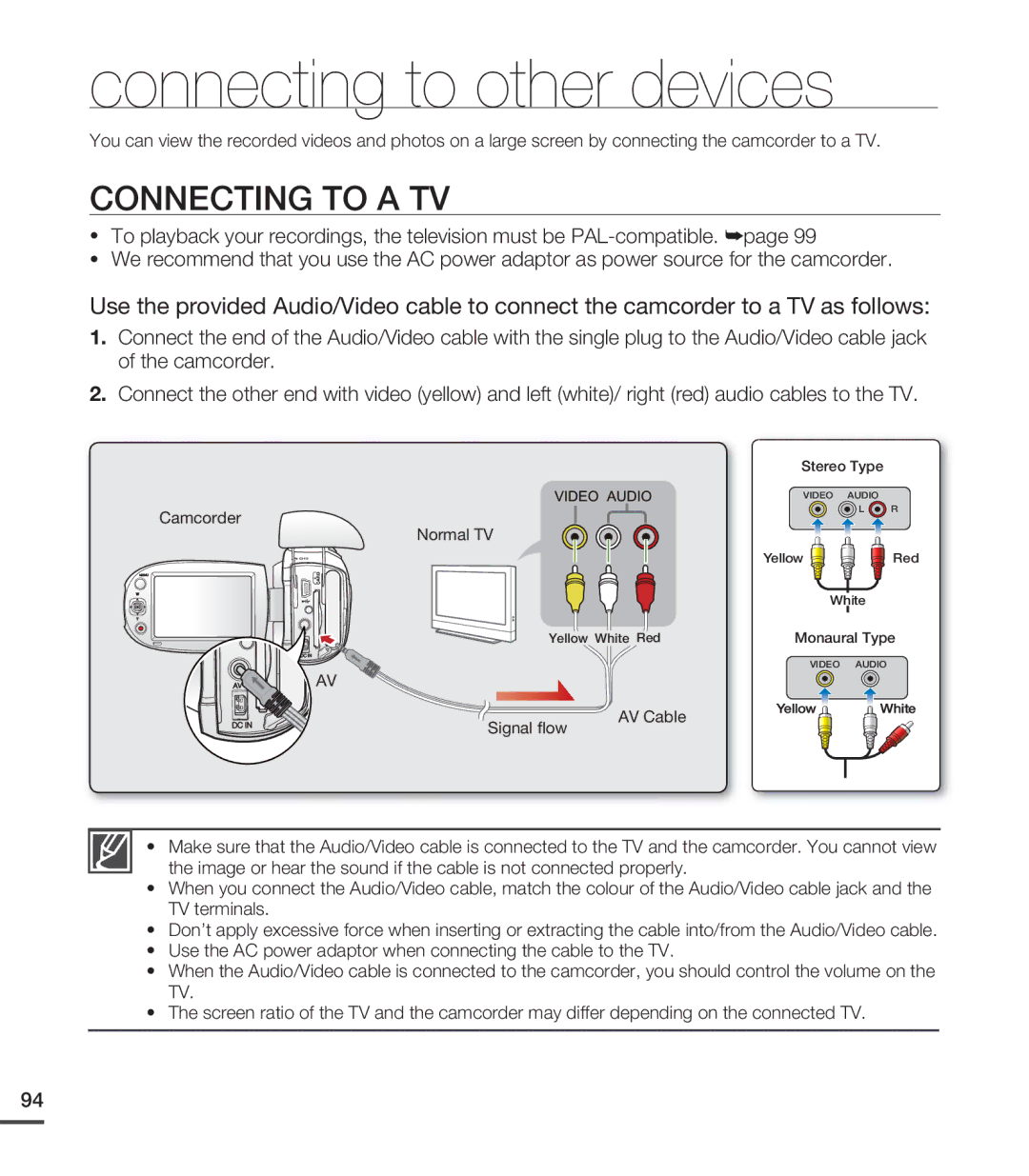 Samsung SMX-C24RP/EDC, SMX-C24BP/EDC, SMX-C20RP/EDC, SMX-C20LP/XEU manual Connecting to other devices, Connecting to a TV 