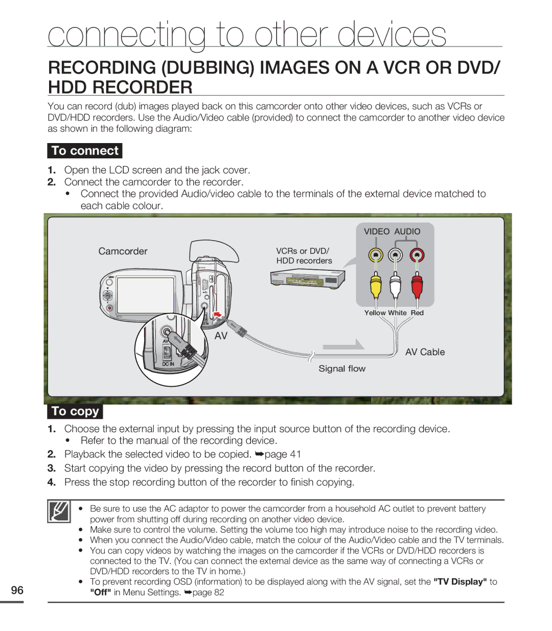 Samsung SMX-C20RP/EDC, SMX-C24BP/EDC, SMX-C20LP/XEU manual Recording Dubbing Images on a VCR or DVD/ HDD Recorder, To connect 