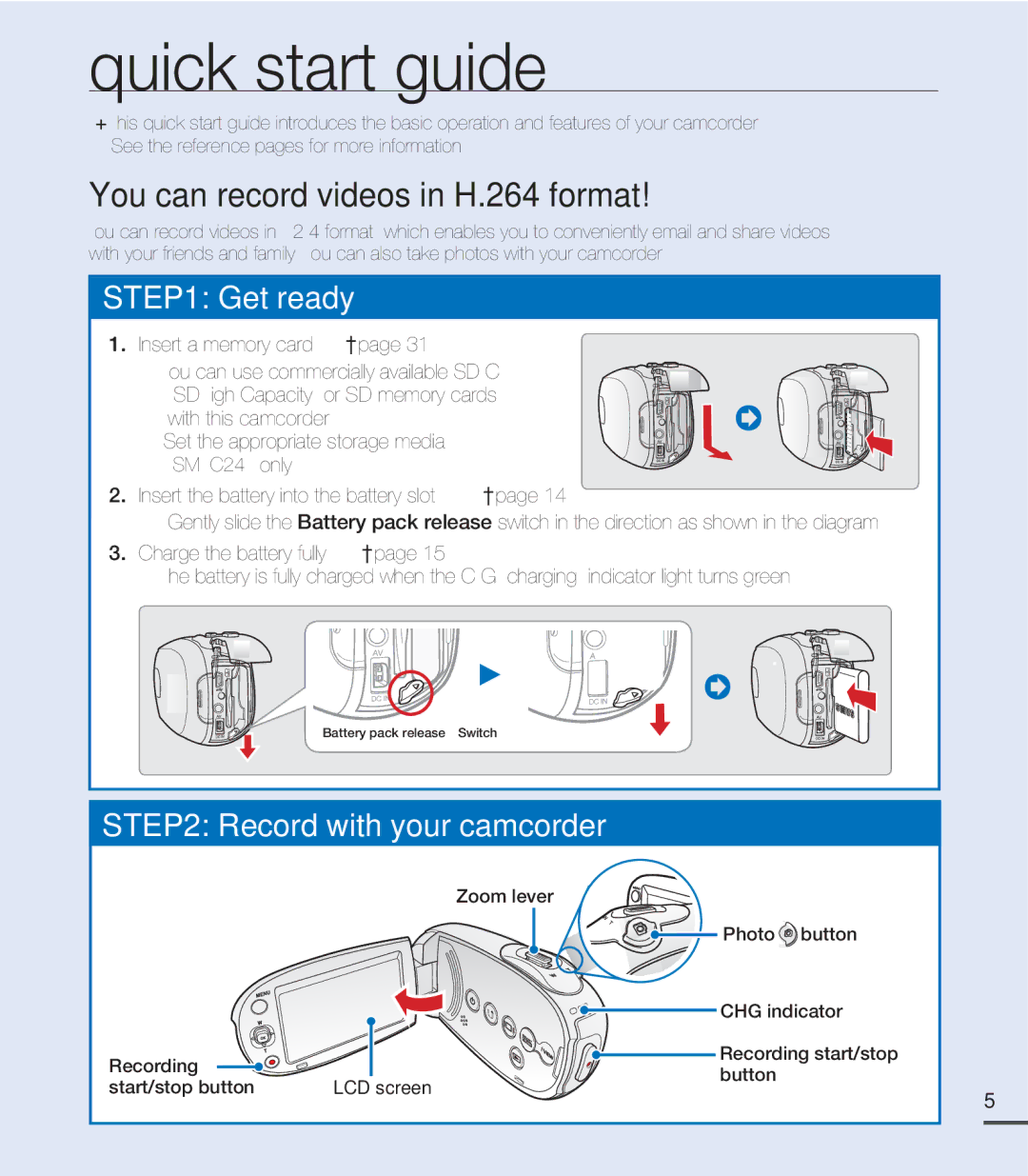 Samsung SMX-C24BP/EDC, SMX-C20RP/EDC, SMX-C20LP/XEU, SMX-C20RP/MEA Quick start guide, You can record videos in H.264 format 