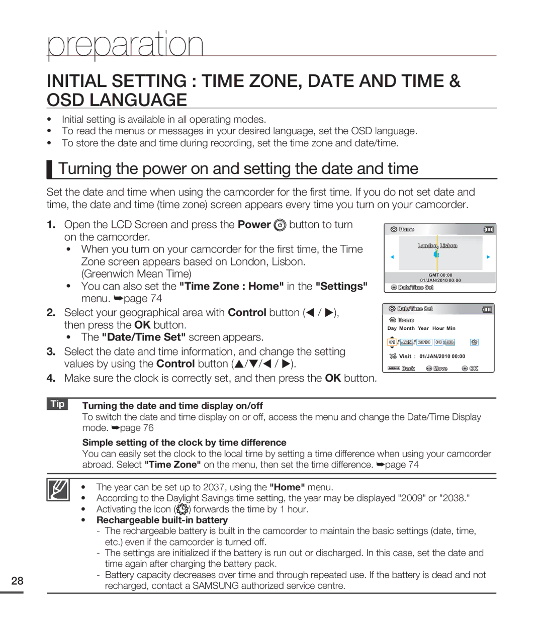 Samsung SMX-C20RP/MEA Initial Setting Time ZONE, Date and Time & OSD Language, Turning the date and time display on/off 