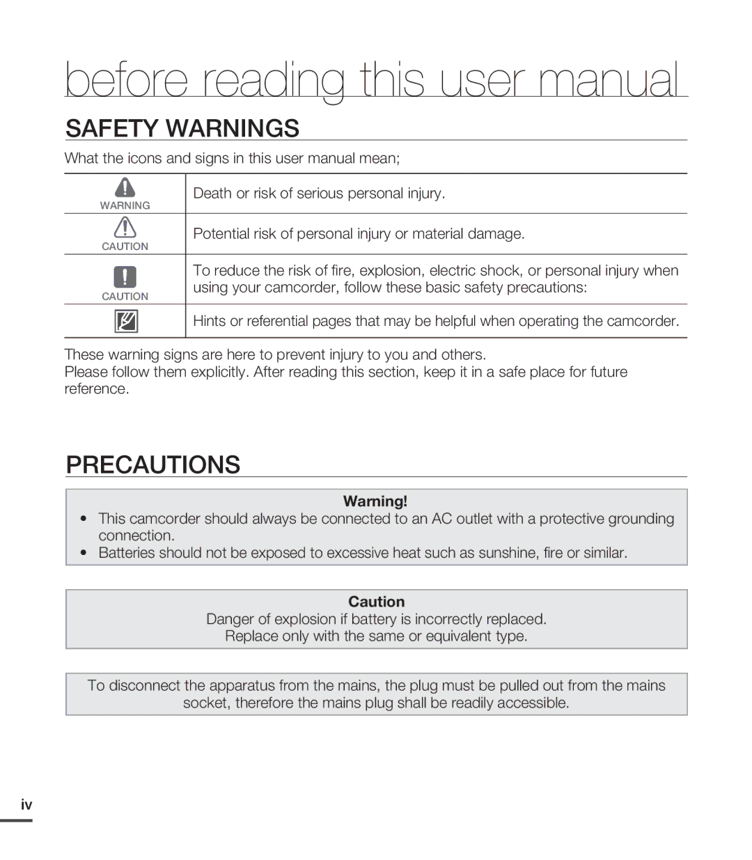 Samsung SMX-C24RP/EDC, SMX-C24BP/EDC, SMX-C20RP/EDC, SMX-C20LP/XEU, SMX-C20RP/MEA manual Safety Warnings, Precautions 