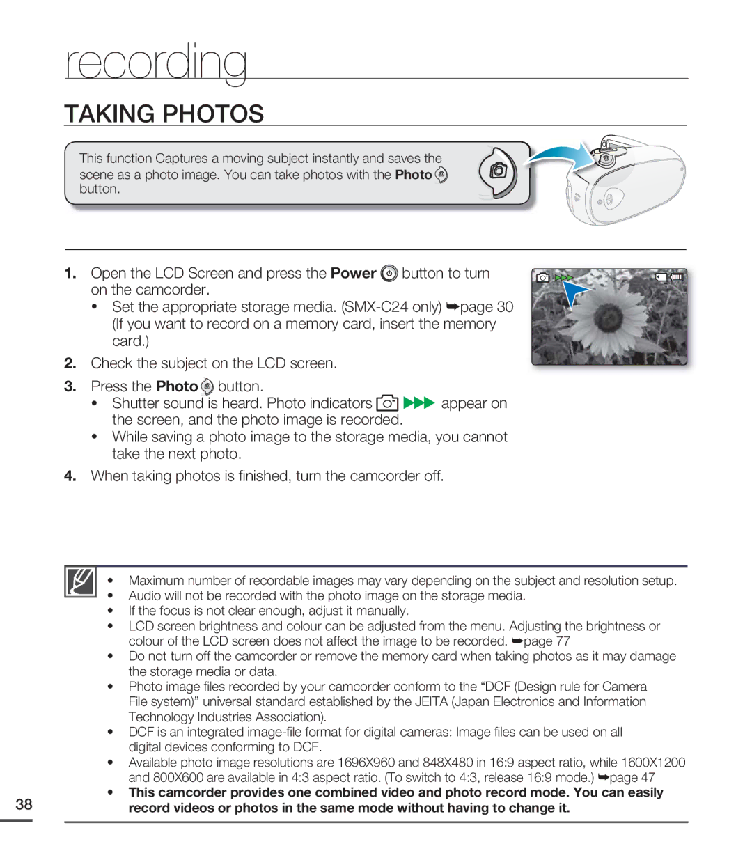 Samsung SMX-C20RP/MEA, SMX-C24BP/EDC, SMX-C20RP/EDC, SMX-C20LP/XEU, SMX-C24RP/EDC manual Taking Photos 