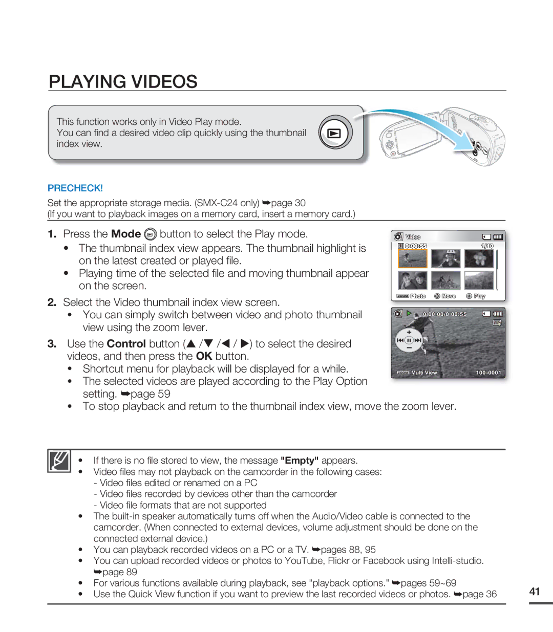 Samsung SMX-C20RP/EDC, SMX-C24BP/EDC, SMX-C20LP/XEU, SMX-C20RP/MEA, SMX-C24RP/EDC manual Playing Videos 