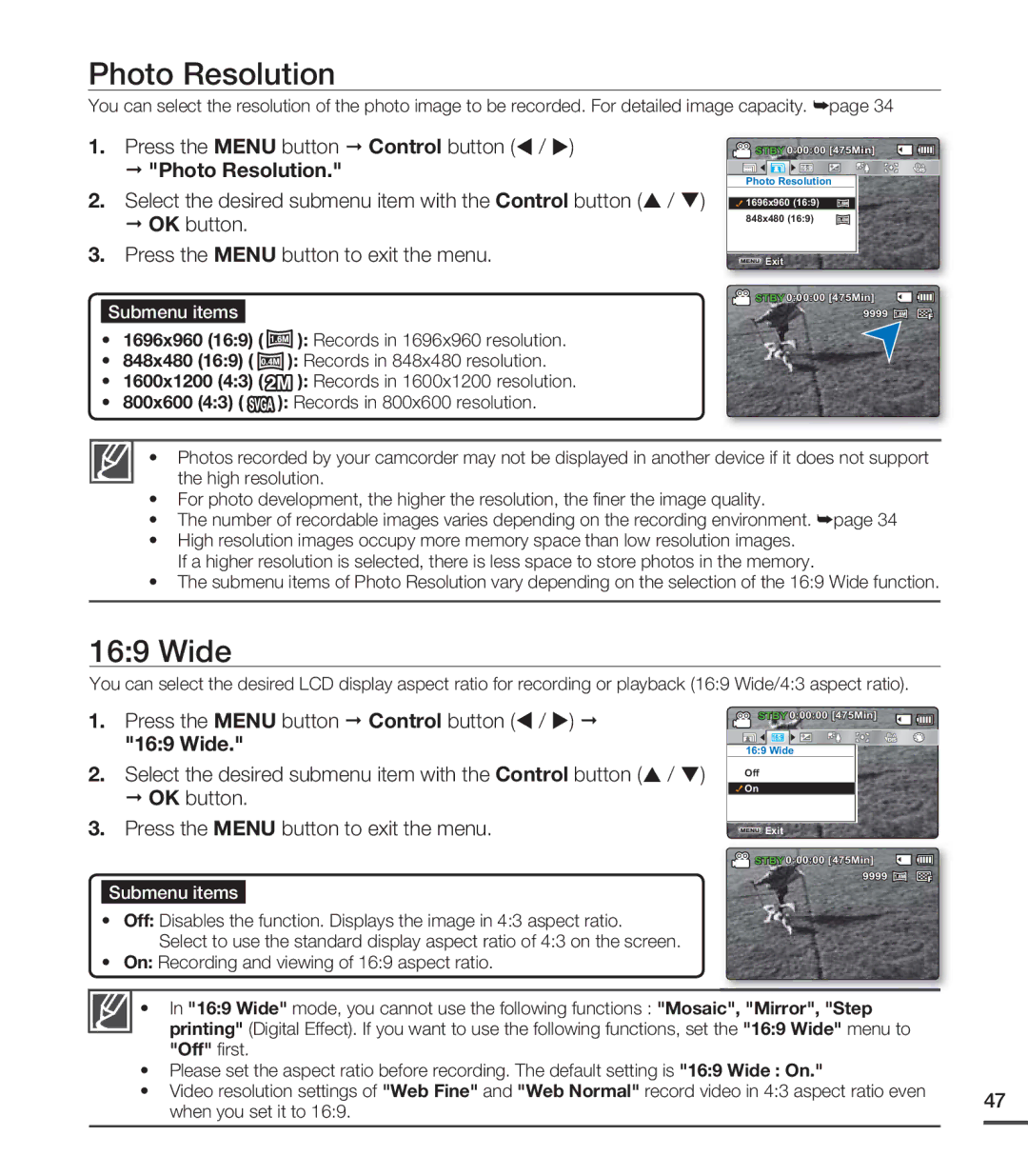 Samsung SMX-C20LP/XEU, SMX-C24BP/EDC, SMX-C20RP/EDC, SMX-C20RP/MEA, SMX-C24RP/EDC manual Photo Resolution, Wide 