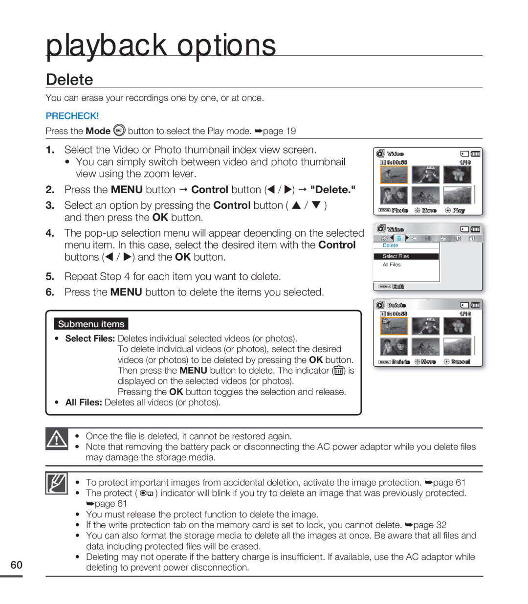 Samsung SMX-C24BP/EDC, SMX-C20RP/EDC, SMX-C20LP/XEU manual Select Files Deletes individual selected videos or photos 