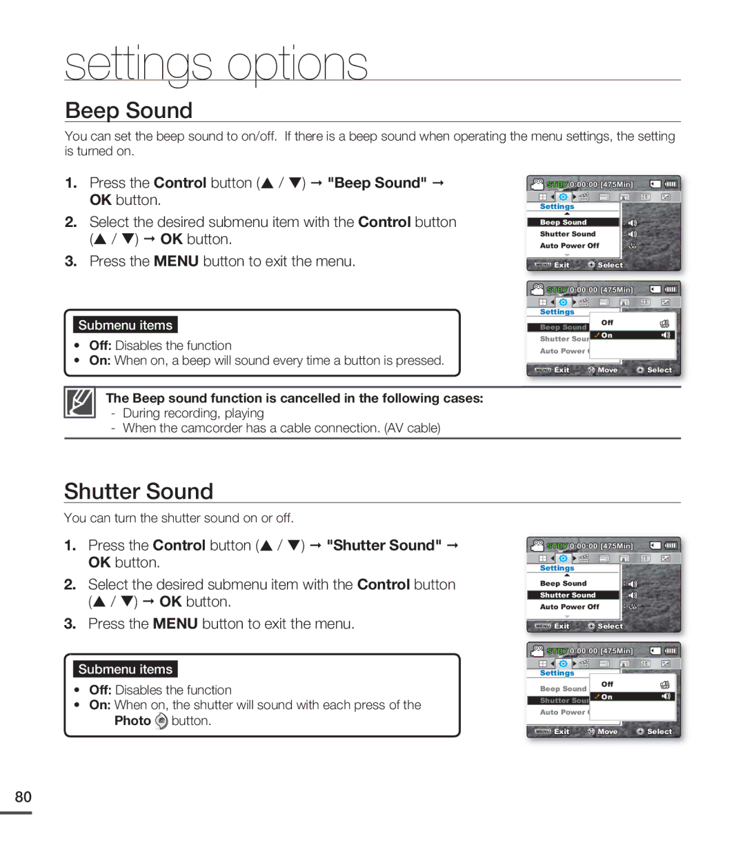 Samsung SMX-C24BP/EDC, SMX-C20RP/EDC Beep Sound, Shutter Sound, Beep sound function is cancelled in the following cases 