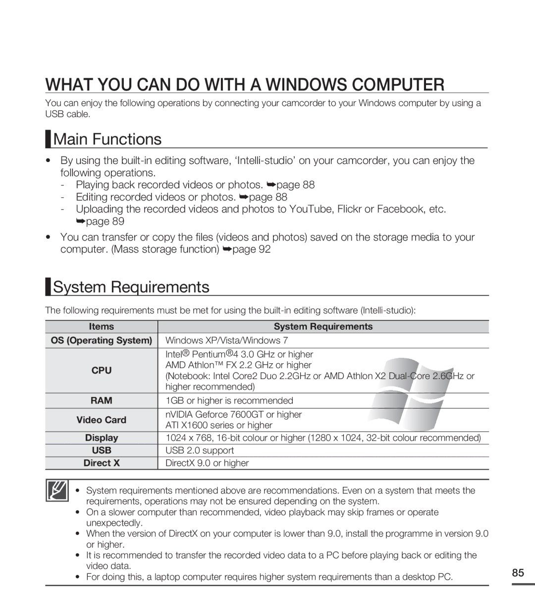 Samsung SMX-C24BP/EDC, SMX-C20RP/EDC manual What YOU can do with a Windows Computer, Main Functions, System Requirements 