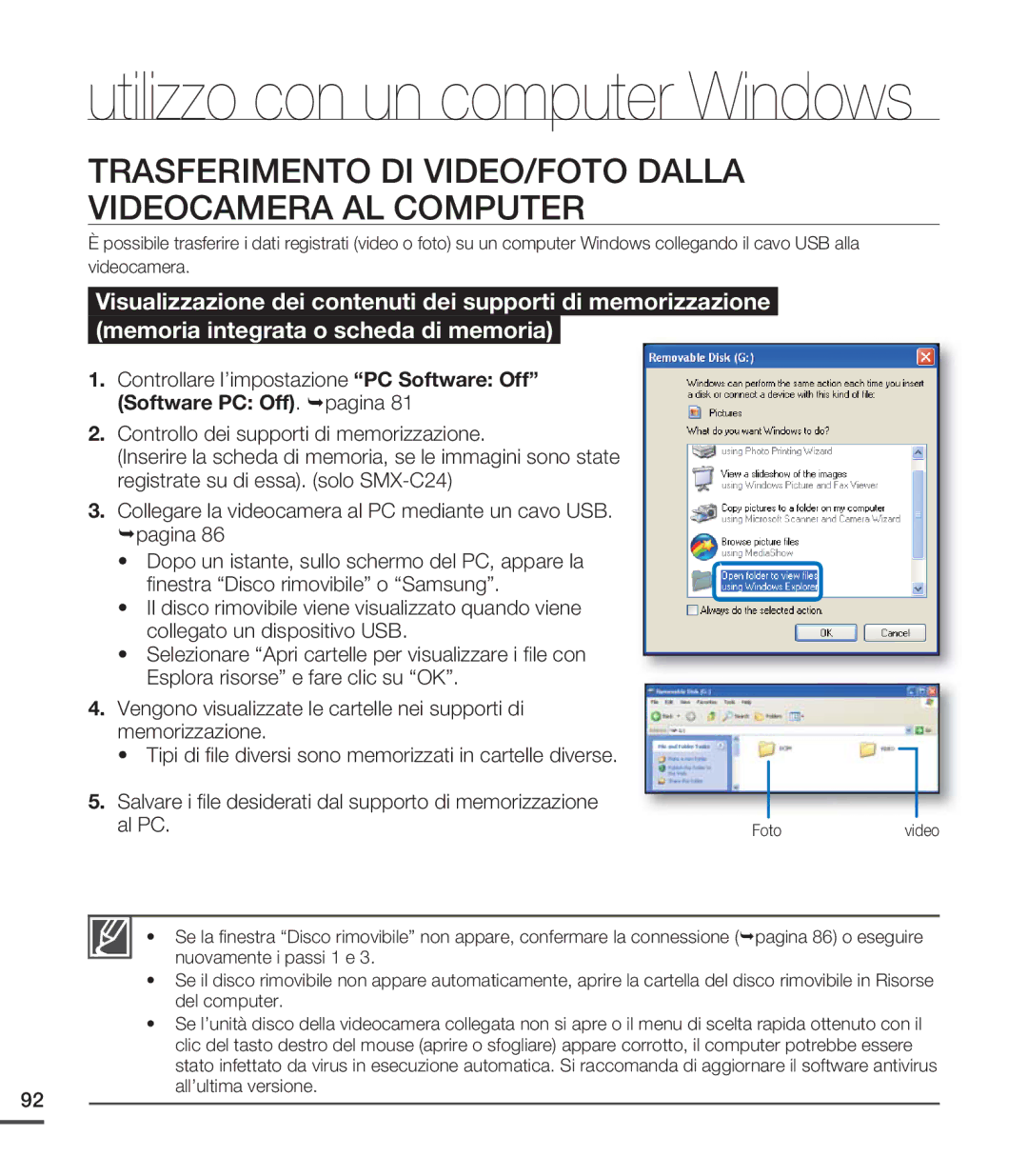 Samsung SMX-C24BP/EDC, SMX-C20RP/EDC Trasferimento DI VIDEO/FOTO Dalla Videocamera AL Computer, Software PC Off. pagina 