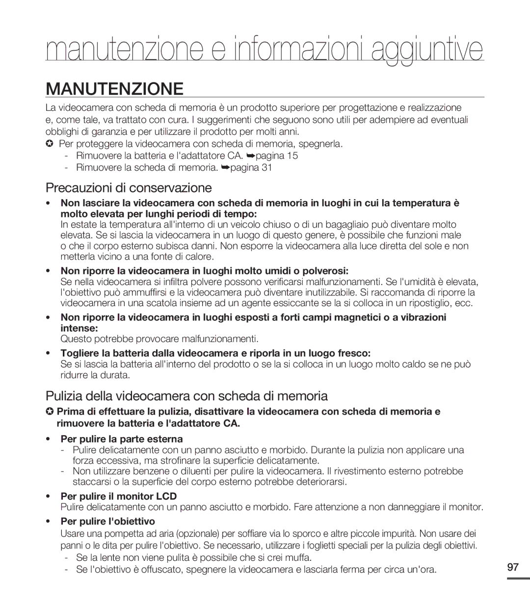 Samsung SMX-C20LP/EDC, SMX-C24BP/EDC, SMX-C20RP/EDC, SMX-C20UP/EDC, SMX-C20BP/EDC manual Manutenzione e informazioni aggiuntive 