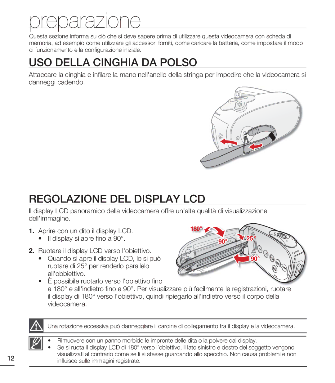 Samsung SMX-C24LP/EDC, SMX-C24BP/EDC, SMX-C20RP/EDC Preparazione, USO Della Cinghia DA Polso, Regolazione DEL Display LCD 