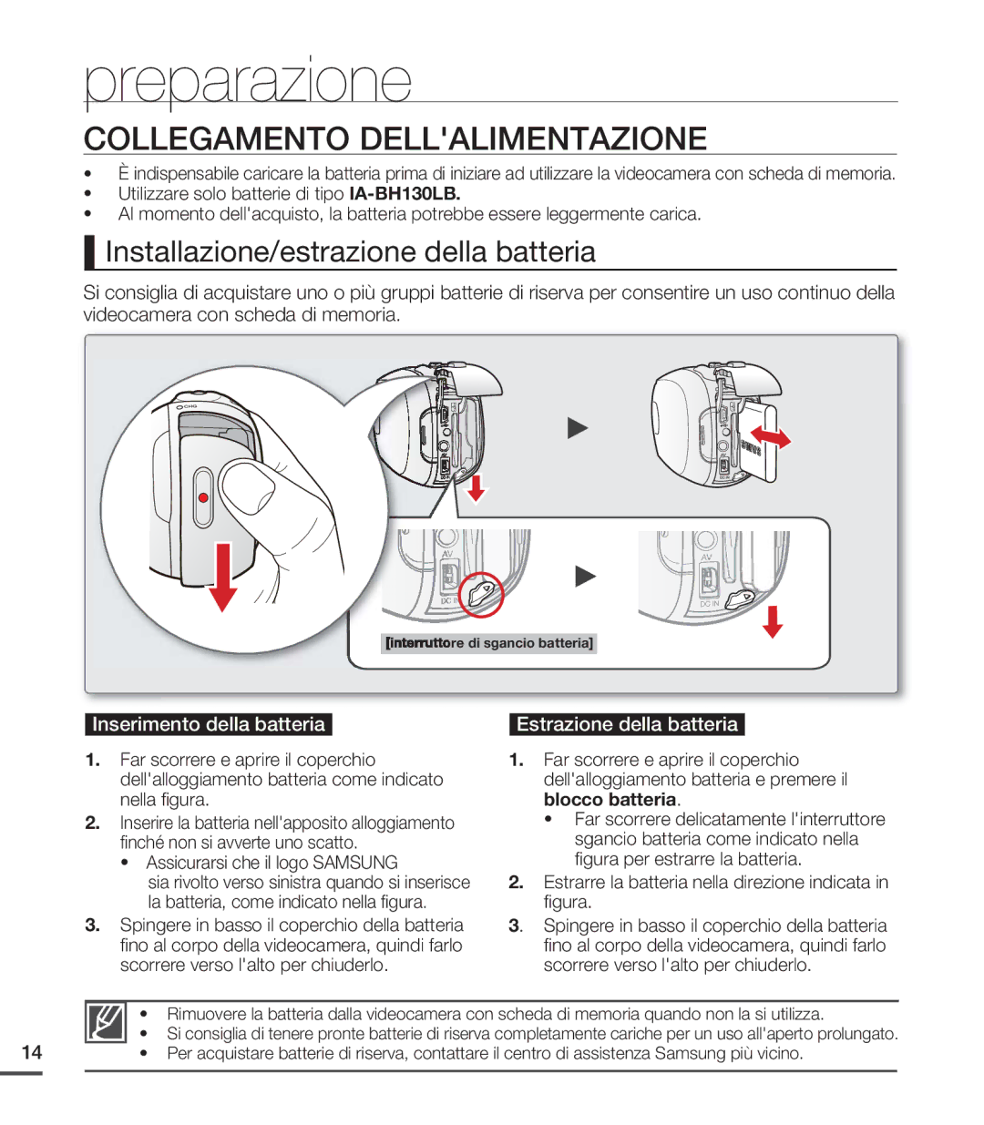 Samsung SMX-C24BP/EDC Collegamento Dellalimentazione, Installazione/estrazione della batteria, Inserimento della batteria 