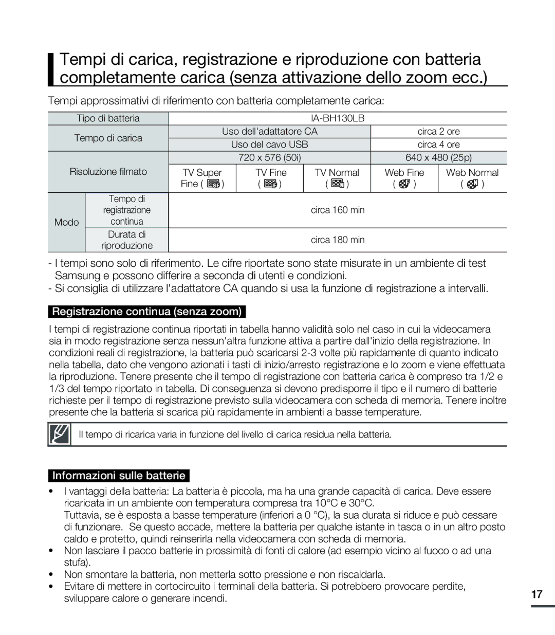 Samsung SMX-C20BP/EDC, SMX-C24BP/EDC, SMX-C20RP/EDC manual Registrazione continua senza zoom, Informazioni sulle batterie 