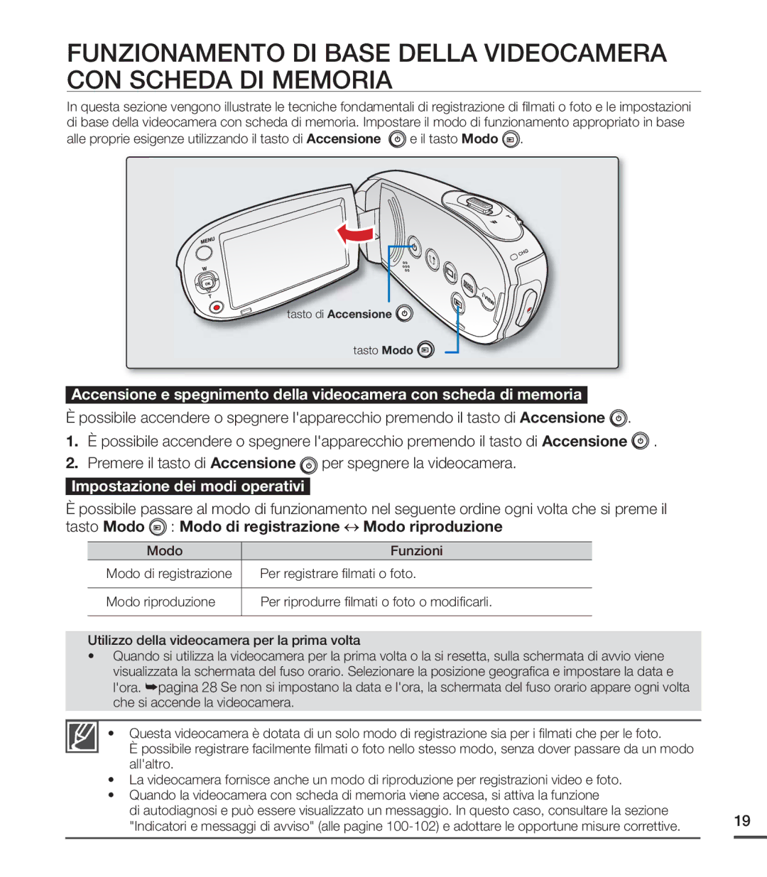 Samsung SMX-C20LP/EDC, SMX-C24BP/EDC Impostazione dei modi operativi, Tasto Modo Modo di registrazione Modo riproduzione 