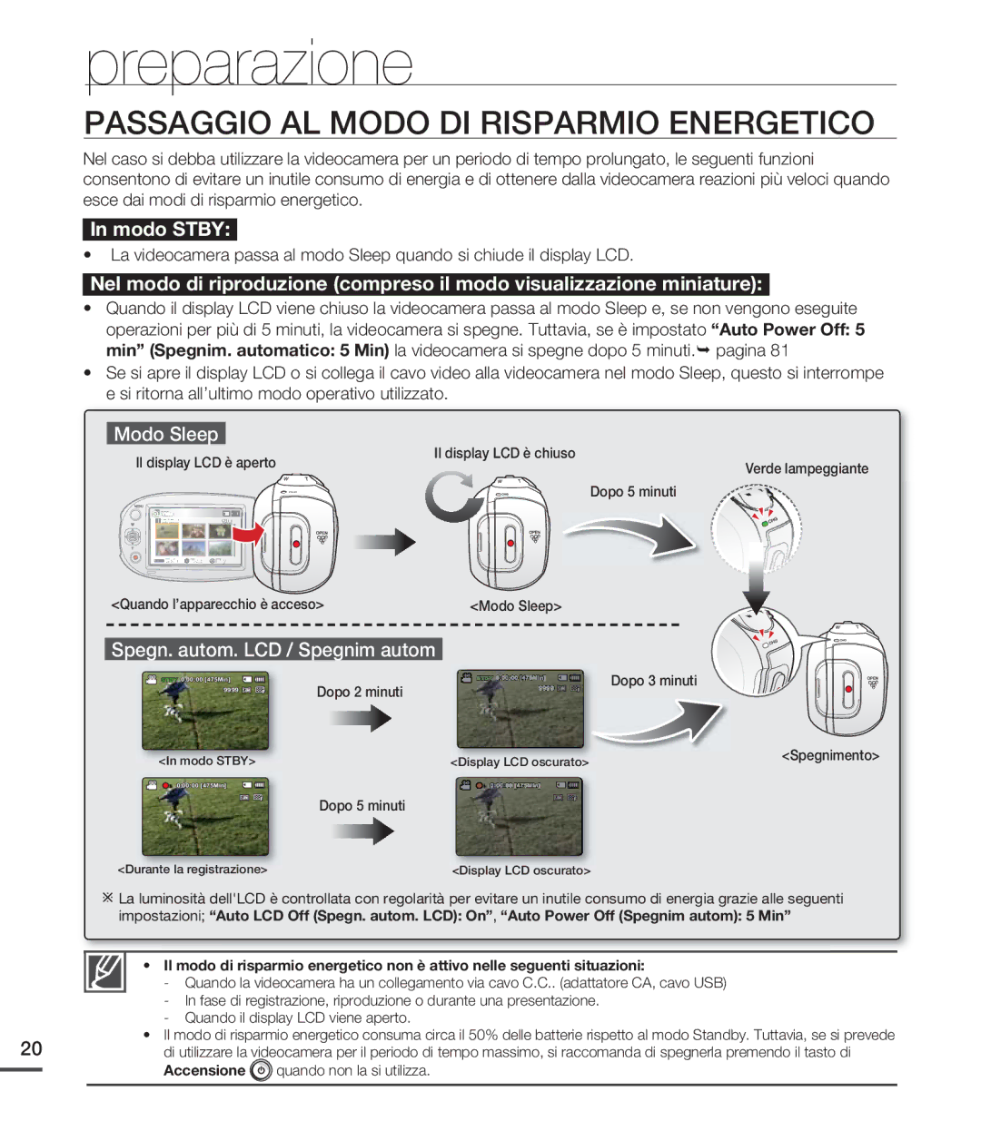 Samsung SMX-C24BP/EDC manual Passaggio AL Modo DI Risparmio Energetico, Modo Sleep, Spegn. autom. LCD / Spegnim autom 