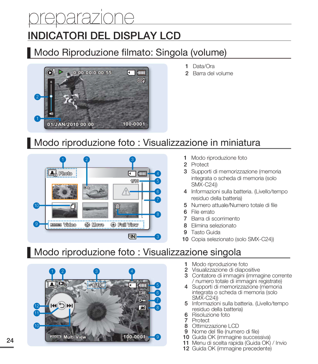 Samsung SMX-C24LP/EDC manual Modo Riproduzione ﬁlmato Singola volume, Modo riproduzione foto Visualizzazione in miniatura 