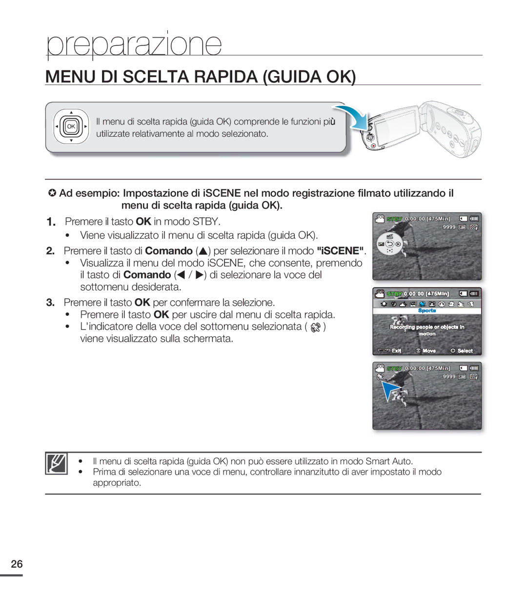 Samsung SMX-C24BP/EDC manual Menu DI Scelta Rapida Guida OK, Premere il tasto di Comando per selezionare il modo iSCENE 