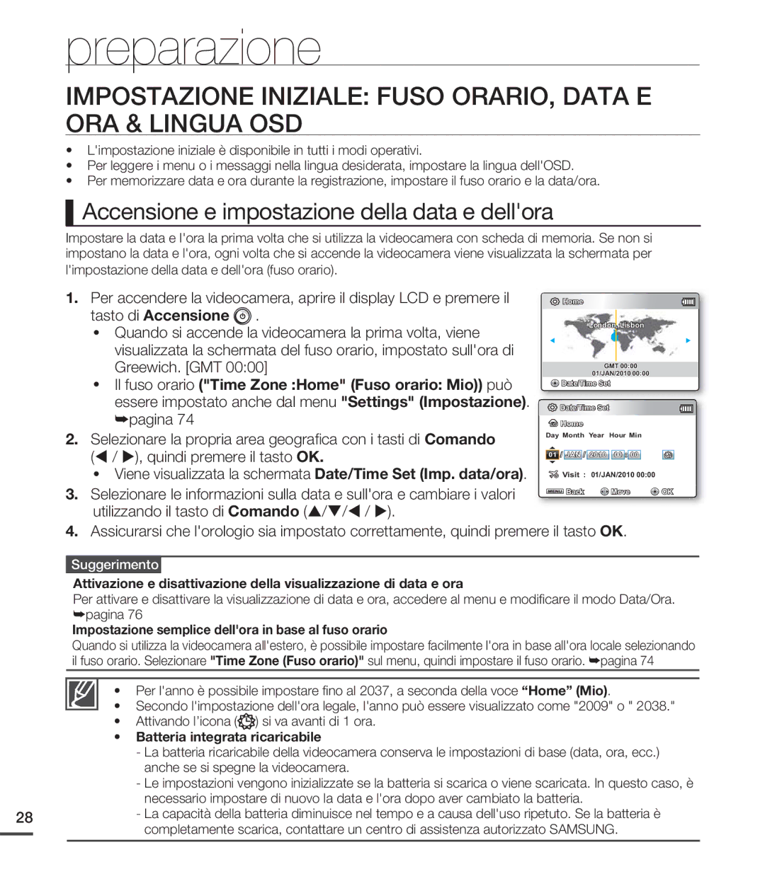 Samsung SMX-C20UP/EDC manual Impostazione Iniziale Fuso ORARIO, Data E ORA & Lingua OSD, Batteria integrata ricaricabile 