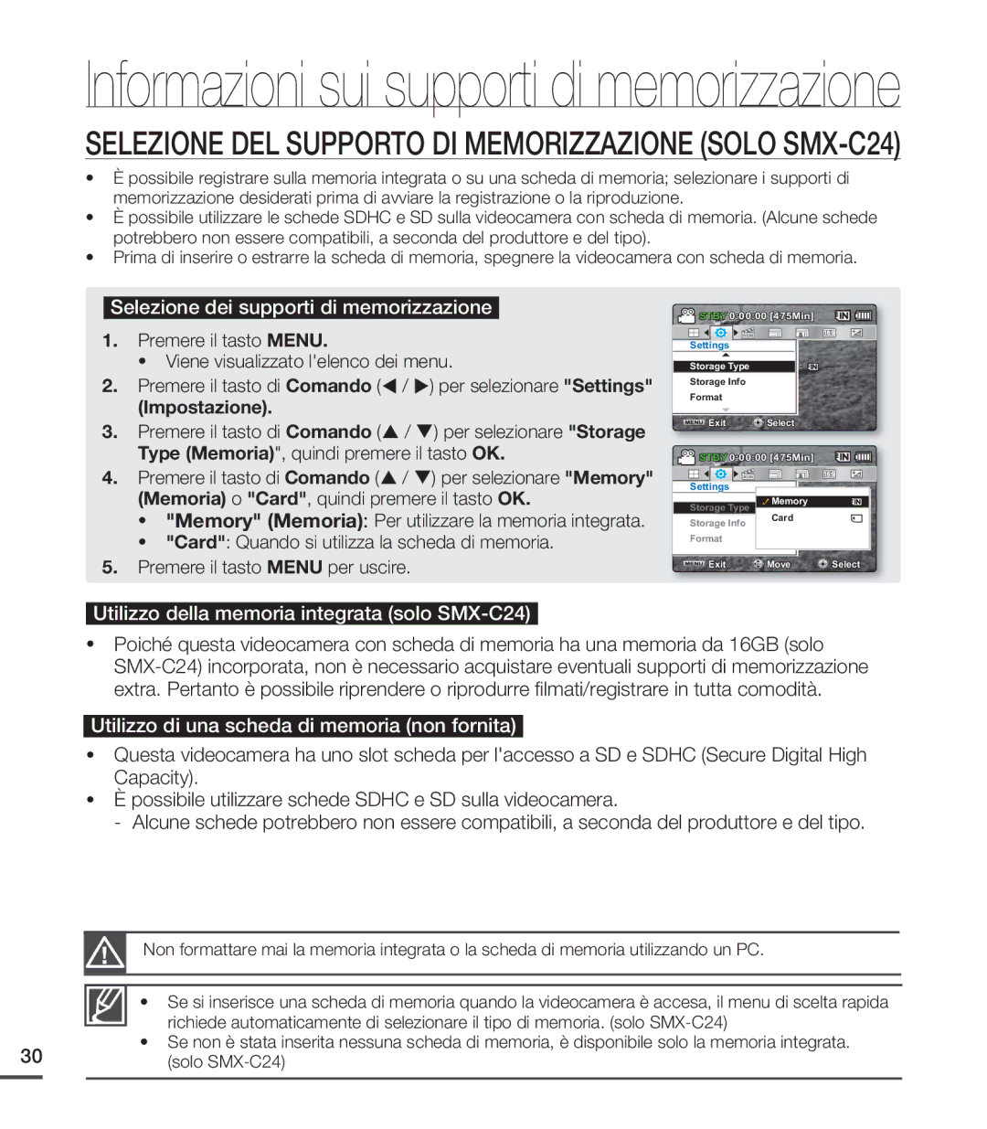 Samsung SMX-C24LP/EDC manual Selezione dei supporti di memorizzazione, Utilizzo della memoria integrata solo SMX-C24 