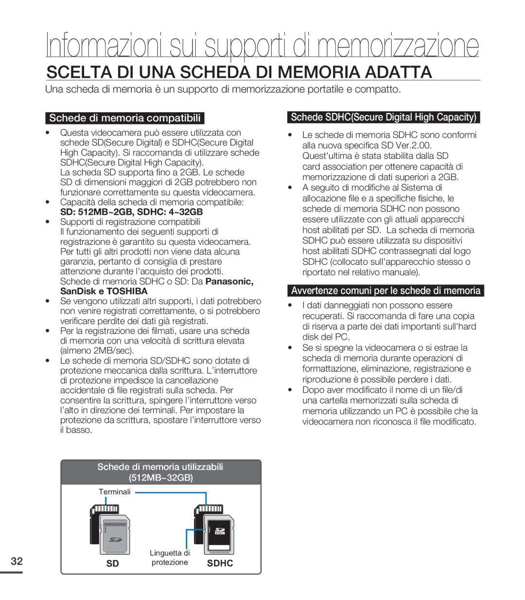 Samsung SMX-C24BP/EDC, SMX-C20RP/EDC, SMX-C20UP/EDC Scelta DI UNA Scheda DI Memoria Adatta, Schede di memoria compatibili 