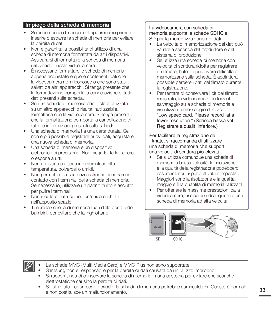 Samsung SMX-C20RP/EDC, SMX-C24BP/EDC, SMX-C20UP/EDC Impiego della scheda di memoria, Non costituisce un malfunzionamento 